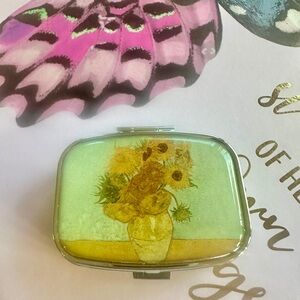 Van Gogh SunFlower Pill Box 2 Compartment Pill Case For Pocket or Purse NEW.
